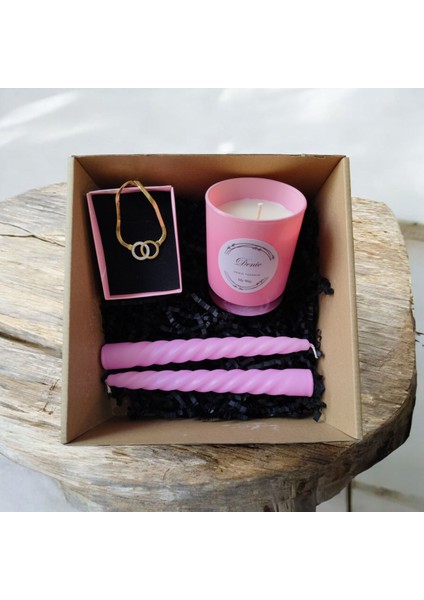 Hediye Seti-Kokulu Pembe Bardak Mum-Halka Kolye+Burgulu Mum modelleri