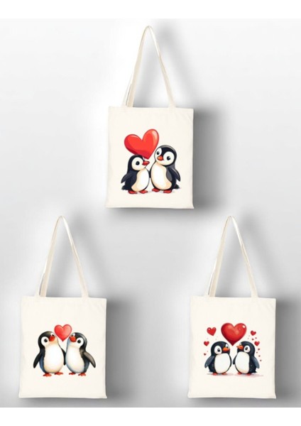 Penguen ve Kalp Baskılı Bez Çanta 3'lü Omuz Çantası - Kadın Omuz Çantası