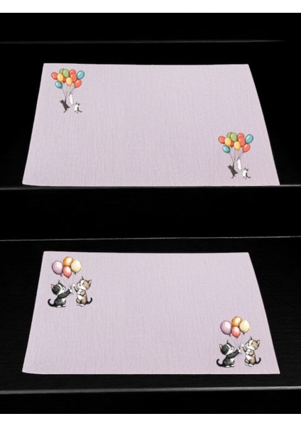 Balon ve Kedi Baskılı Mutfak Masası Keten Servis Bezi 28X40 cm Amerikan Servis