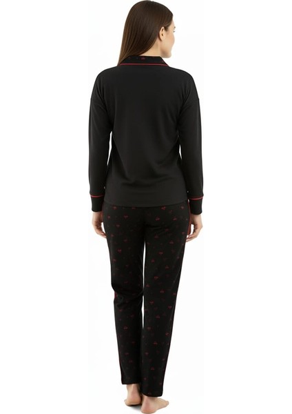 Waffle Uzun Kol Bebe Yaka Düğmeli Kadın Pijama Takımı