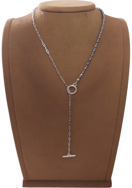 Doğal Siyah Inci Kolye, Paslanmaz Çelik Zincir ve O-T Kapama Kombinli