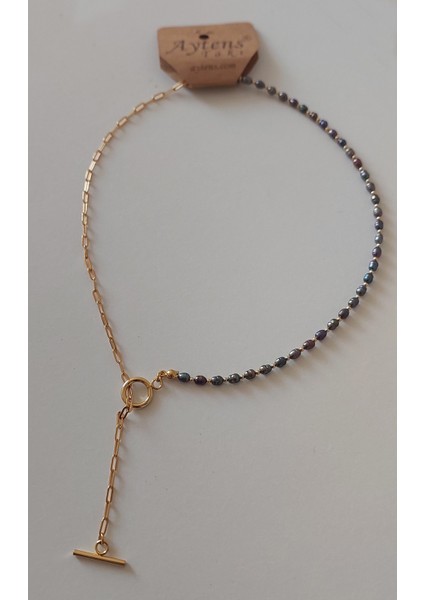 Doğal Siyah Inci Kolye, Paslanmaz Çelik Zincir ve O-T Kapama Kombinli modelleri