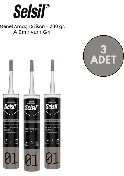 Genel Amaçlı Alüminyum Gri Silikon 280 Gr. - 3 Adet