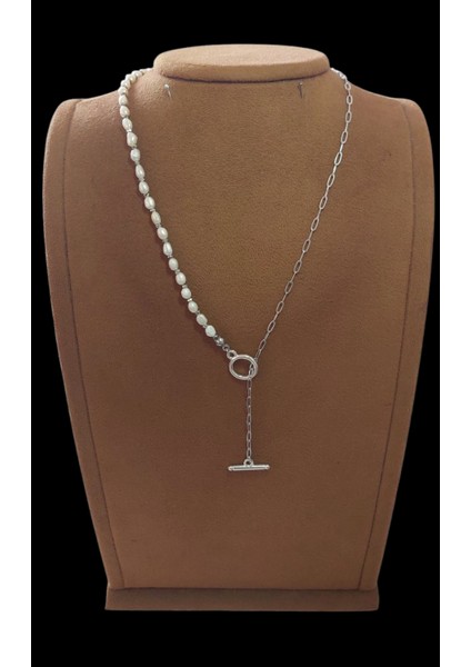 Doğal Inci Kolye, Paslanmaz Çelik Zincir ve O-T Kapama Kombinli