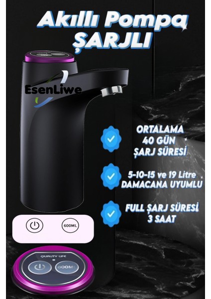 Şarjlı Otomatik Damacana Su Pompası Siyah (600ML)