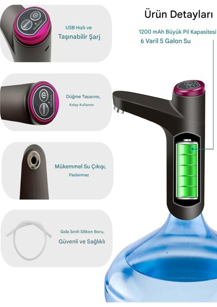 Şarjlı Otomatik Damacana Su Pompası Siyah (600ML) fiyatları