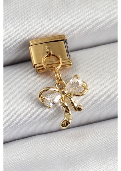 316L Çelik Sallantılı Zirkon Taşlı Fiyonk Model Gold Renk Nomination Charm