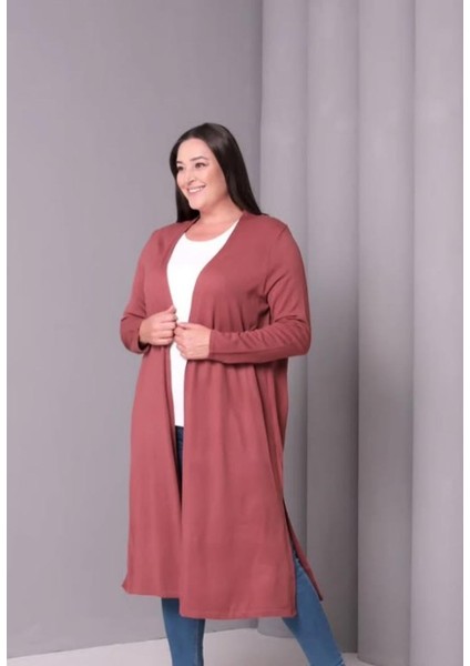 Kadın Büyük Beden Yumuşak Dokulu Çift Yırtmaçlı Uzun Triko Hırka