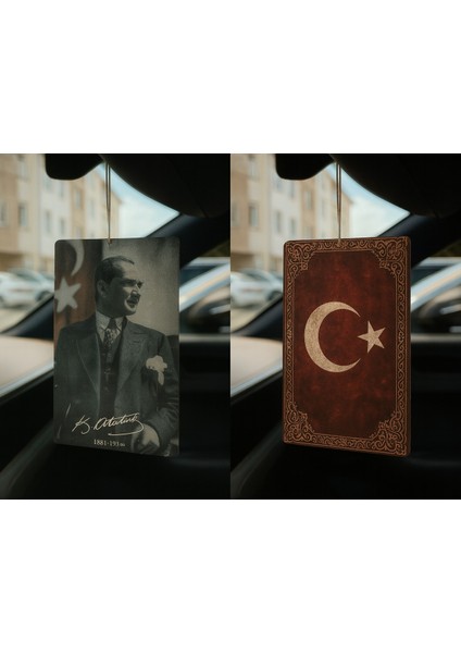 Atatürk ve Türk Bayrağı - Ikili Oto Kokusu - Dekoratif Araç Kokusu ve Aksesuarı
