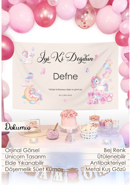 Unicorn Temalı Kişiye Özel Kumaş Doğum Günü Birthday Iyi Ki Doğdun Duvar Örtüsü Panosu Flaması