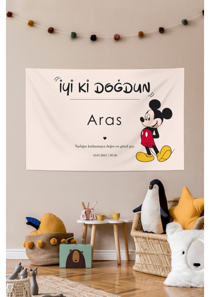 Kişiye Özel Mickey Mouse Doğum Günü Kumaş Happy Birthday Duvar Örtüsü Duvar Panosu Flaması