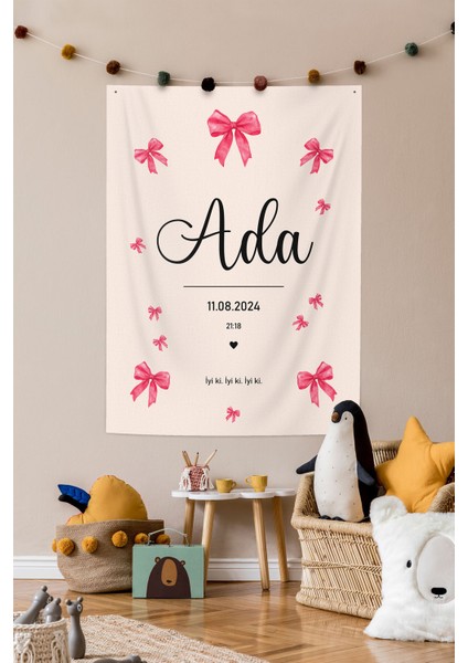 Fuşya Kurdela Fiyonk Temalı Kişiye Özel Büyük Ebat Kumaş Doğum Günü Duvar Örtüsü Panosu Flaması fırsatları