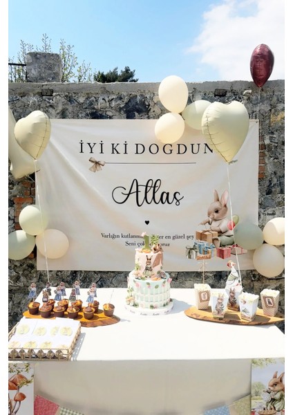 Tavşan Figürlü Doğum Günü Kişiye Özel Kumaş Happy Birthday Duvar Örtüsü Duvar Panosu Flaması