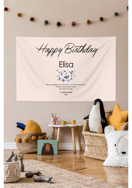 Happy Birthday Kişiye Özel Büyük Ebat Birinci Kalite Kumaş Doğum Günü Duvar Örtüsü Duvar Halısı