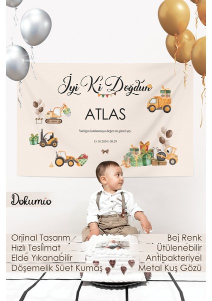 Iş Makinesi Temalı Kişiye Özel Kumaş Doğum Günü Happy Birthday Iyi Ki Doğdun Duvar Örtüsü Panosu