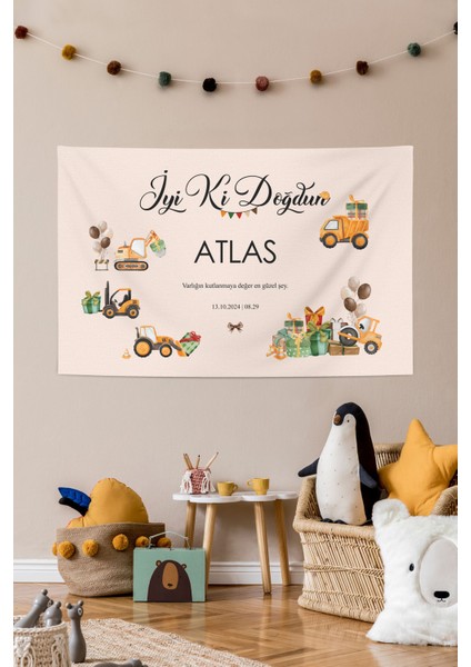 Iş Makinesi Temalı Kişiye Özel Kumaş Doğum Günü Happy Birthday Iyi Ki Doğdun Duvar Örtüsü Panosu fırsatları