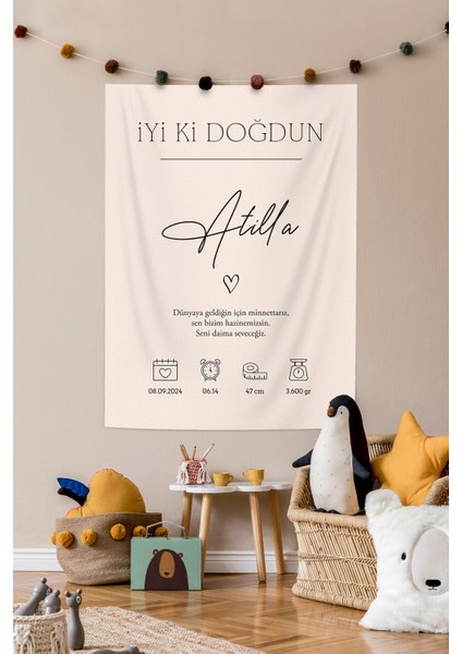 Kişiye Özel Boy Kilo Tarih Saat Temalı Kumaş Doğum Günü Happy Birthday Duvar Örtüsü Panosu Flaması