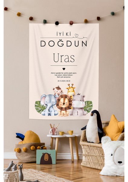 Kişiye Özel Safari Temalı Doğum Günü Kumaş Happy Birthday Duvar Örtüsü Duvar Panosu Flaması