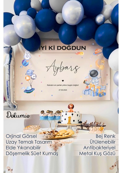 Uzay Galaksi Astronot Temalı Kumaş Doğum Günü Iyi Ki Doğdun Birthday Duvar Örtüsü Panosu Flaması