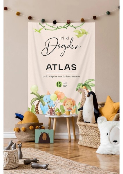 Dinozor Temalı Doğum Günü Kişiye Özel Birinci Kalite Kumaş Happy Birthday Duvar Örtüsü Duvar Flaması