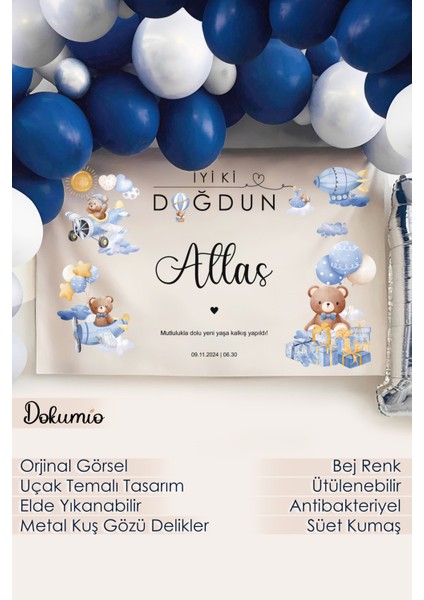 Uçak Pilot Gökyüzü Ayıcık Temalı Kumaş Doğum Günü Iyi Ki Doğdun Birthday Duvar Örtüsü Panosu Flaması