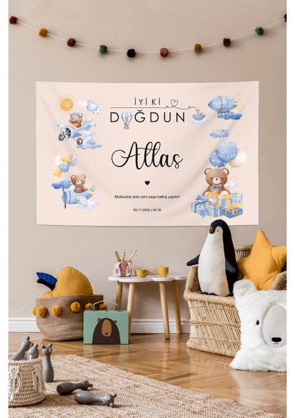 Uçak Pilot Gökyüzü Ayıcık Temalı Kumaş Doğum Günü Iyi Ki Doğdun Birthday Duvar Örtüsü Panosu Flaması indirimleri