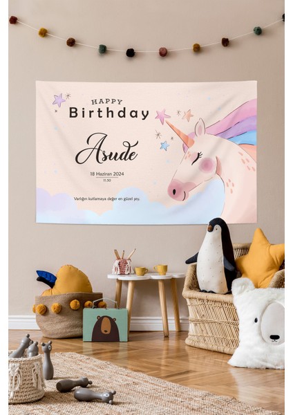 Unicorn Happy Birthday Kişiye Özel Büyük Ebat Birinci Kalite Kumaş Doğum Günü Parti Örtüsü