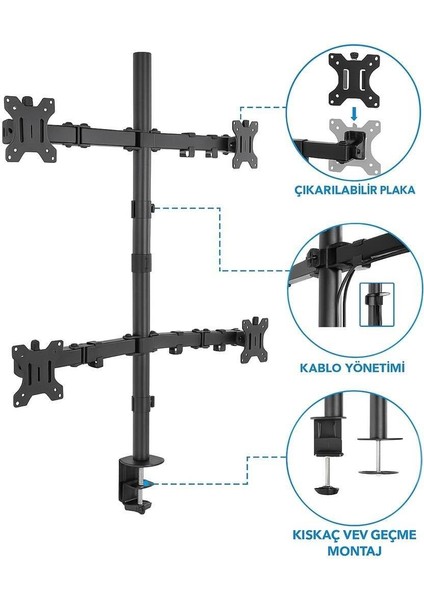 PM-054 13-27'' Dörtlü (Quad) Mekanik Lcd-Led Gaming Monitör Tutucu Masa Stand Askı Aparatı modelleri