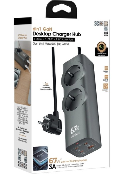 FC54 6in1 Gan Masaüstü Priz | Şarj Cihazı | 1 x Usb-A | 3 x Usb-C | 2 x 220V fiyatları