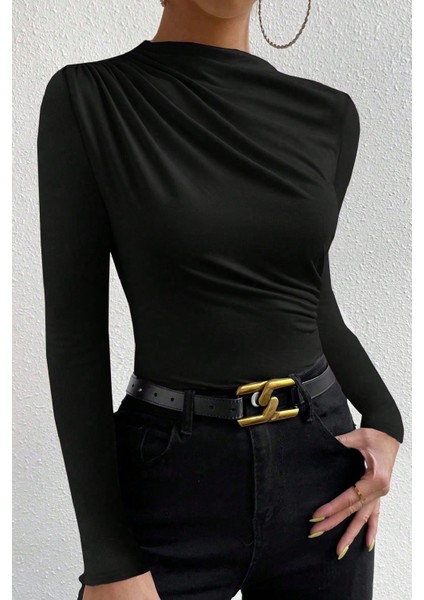 Kadın Siyah Belden ve Boyundan Büzgü Detaylı Uzun Kollu Bluz modelleri