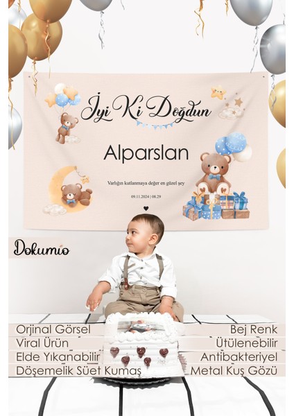 Sevimli Ayıcık Temalı Kişiye Özel Kumaş Doğum Günü Happy Birthday Iyi Ki Doğdun Duvar Örtüsü Panosu