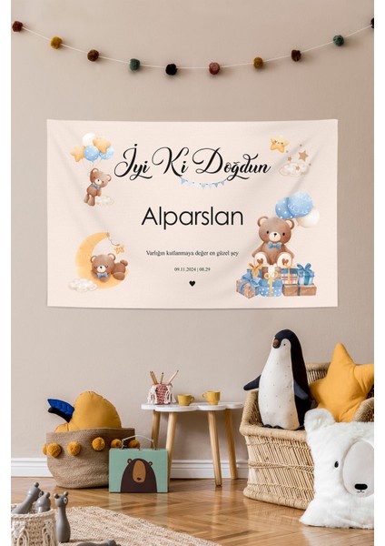 Sevimli Ayıcık Temalı Kişiye Özel Kumaş Doğum Günü Happy Birthday Iyi Ki Doğdun Duvar Örtüsü Panosu indirimleri
