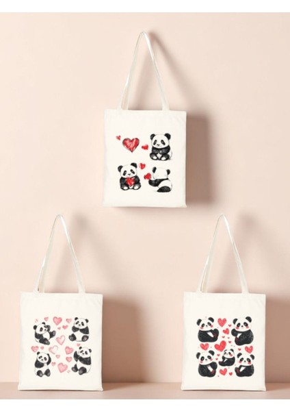 Panda ve Kalp Baskılı Bez Çanta 3'lü Omuz Çantası - Kadın Çanta