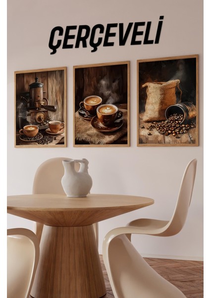 ☕ Ahşap Çerçeveli Mdf 3’lü Kahve Temalı Tablo Seti – 23X32 / 32X42 / 42X62 cm CRV1002 23 x 32
