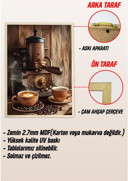 ☕ Ahşap Çerçeveli Mdf 3’lü Kahve Temalı Tablo Seti – 23X32 / 32X42 / 42X62 cm CRV1002 23 x 32