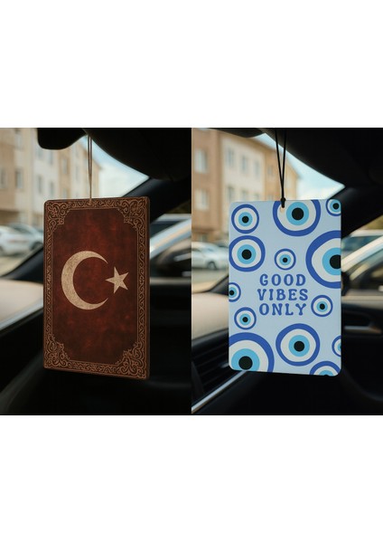 Türk Bayrağı ve Nazar Boncuğu - Ikili Oto Kokusu - Dekoratif Araç Kokusu ve Aksesuarı