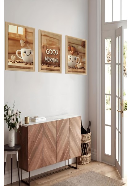 🌞 Good Morning Neşesi – 3’lü Mdf Uv Baskılı Sevimli Kahve Tablo Seti (3 Ebat Seçeneği) CRVS1022 13 x 17