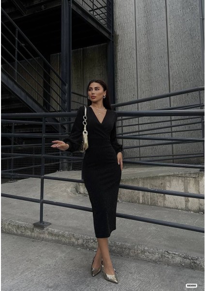 Simli Kruvaze Yaka Balon Kol Midi Elbise modelleri