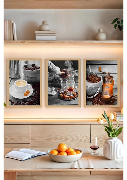 ☕ Kahve Tutkunlarına Özel 3'lü Tablo Seti – Çerçeve Görünümlü Mdf Tasarım ☕ CRVS1007 13 x 17