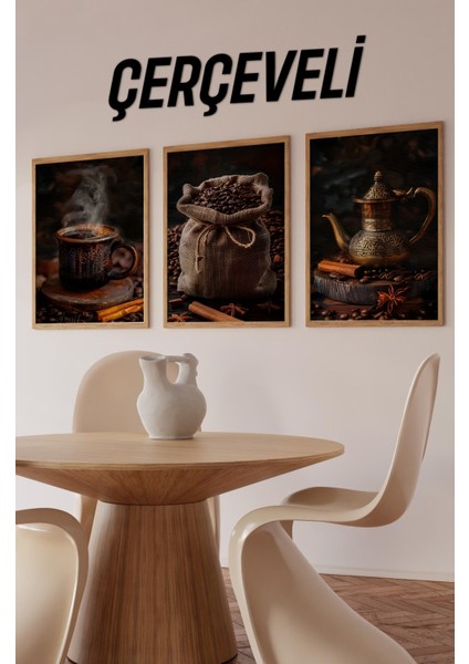 ☕️ Geleneksel Kahve Ruhunu Yansıtan 3'lü Çerçeveli Mdf Tablo Seti CRV1006 23 x 32