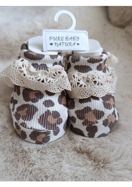 Leopar Desenli Fitilli Dantelli Bebek Patik Çorap