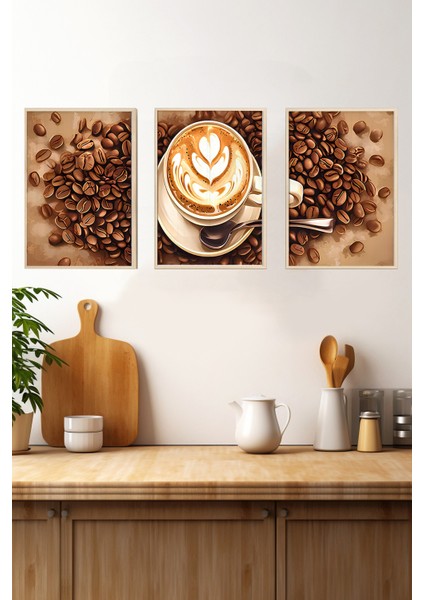 ☕ Latte Sanatlı Kahve Çekirdeği Temalı 3'lü Ahşap Çerçeveli Tablo Seti – Mdf Zemin CRV1008 32 x 42