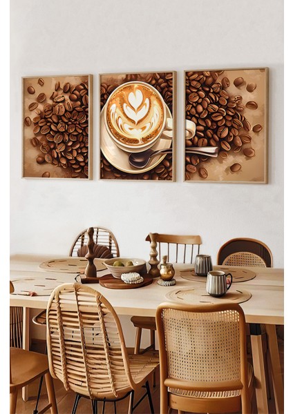 ☕ Latte Sanatlı Kahve Çekirdeği Temalı 3'lü Ahşap Çerçeveli Tablo Seti – Mdf Zemin CRV1008 32 x 42 modelleri