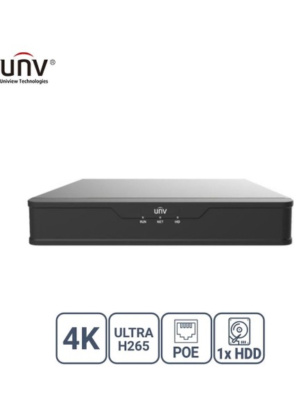 Unıvıew NVR301-08S3-P8 8 Kanal Poe Vga/hdmı H265+ Nvr Kayıt Cihazı