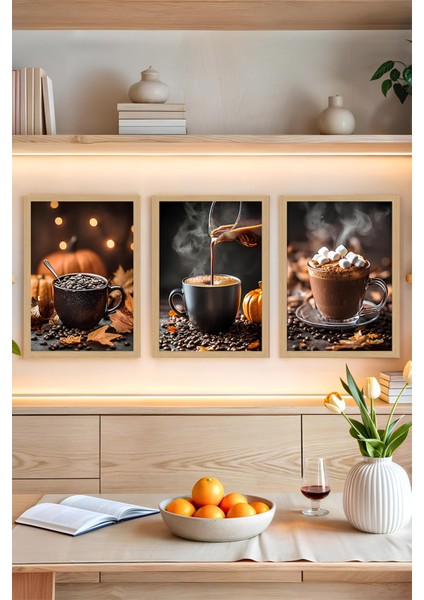 ☕ Kahve Temalı 3'lü Mdf Çerçeve Görünümlü Tablo Seti - 13X17 | 21X30 | 30X40 cm CRVS1014 13 x 17