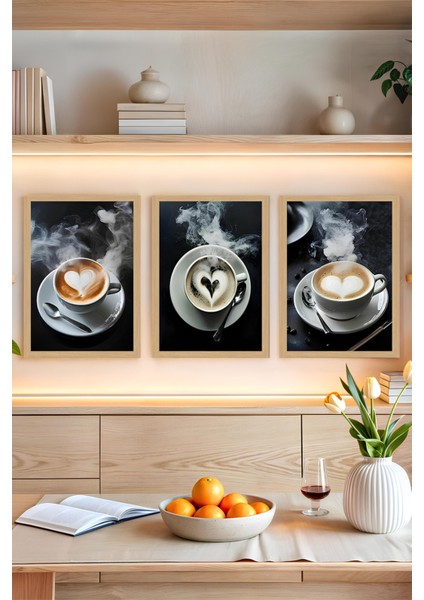 🖼️ Çerçeve Görünümlü 3'lü Tablo Seti – Kahve Köpüğü & Kalp Temalı CRVS1012 13 x 17