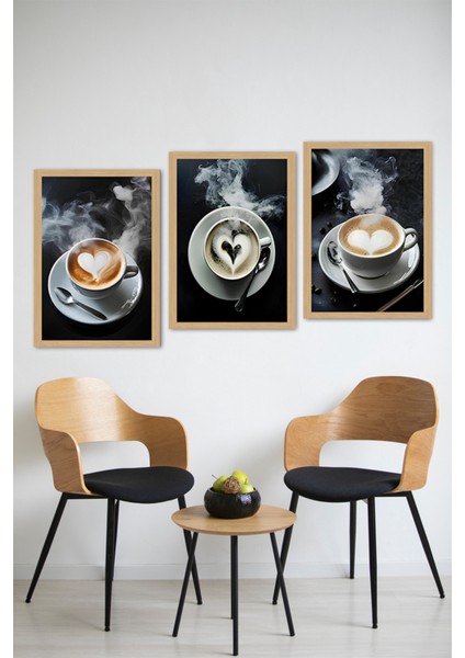 🖼️ Çerçeve Görünümlü 3'lü Tablo Seti – Kahve Köpüğü & Kalp Temalı CRVS1012 13 x 17 modelleri