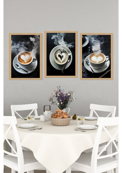 🖼️ Çerçeve Görünümlü 3'lü Tablo Seti – Kahve Köpüğü & Kalp Temalı CRVS1012 13 x 17 indirimleri