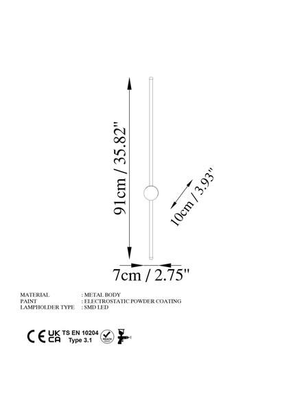 Modern Led'li Uzun Çubuk Aplik Pütürlü Siyah, Tekli LED Duvar Aplik Aydınlatma 3000K Sarı Işık SWORD-13484