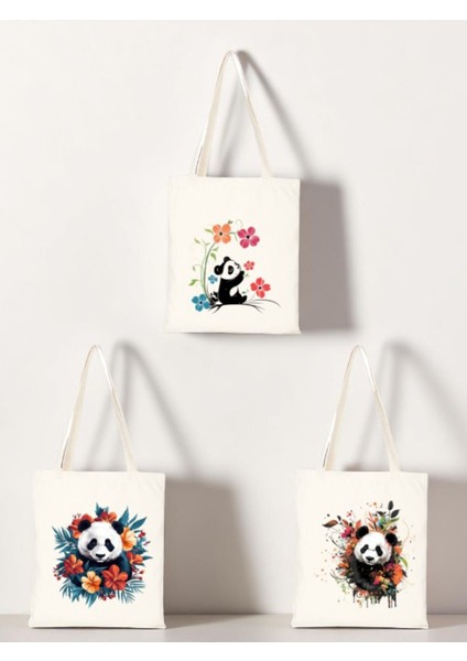 Çiçek ve Panda Baskılı Bez Çanta 3'lü Omuz Çantası - Büyük Bez Çanta